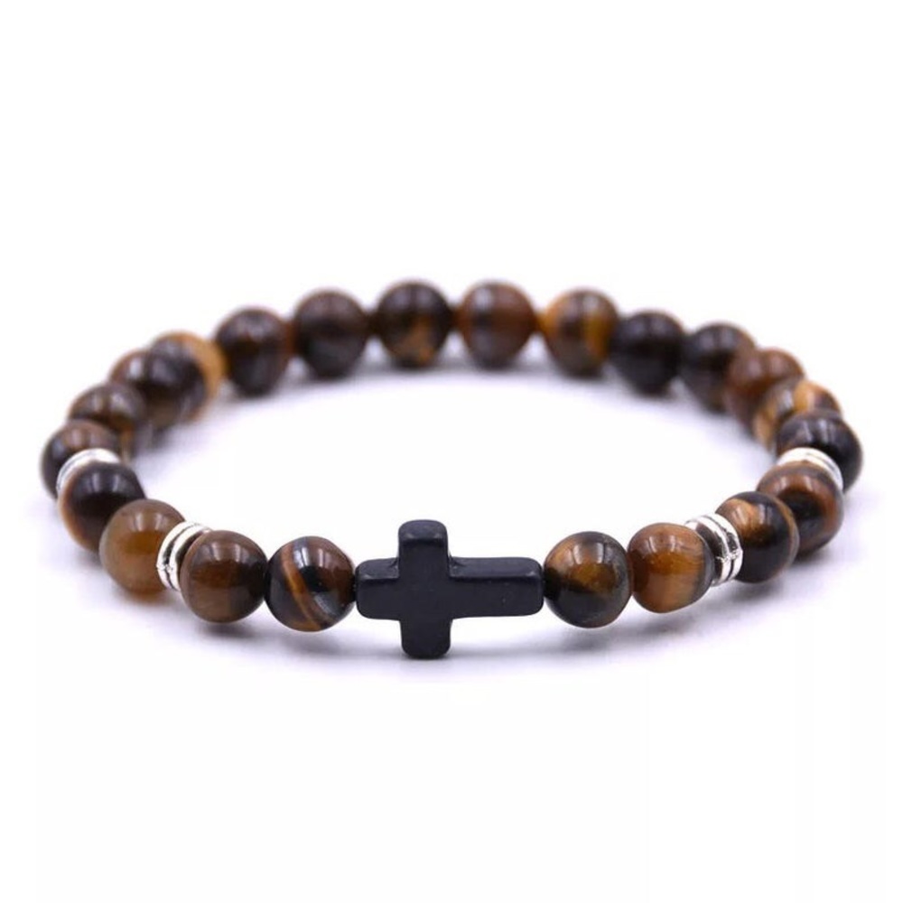 MENS Religious Stretch Tigers Eye Beads w/ Black Onyx CROSS